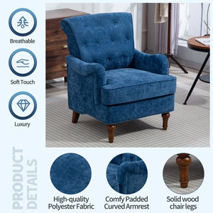 Accent Chair Comfy Chenille Club Fabric Retro Wooden Legs Upholstered Living Room Arm Chair 300lbs Capacity Blue Fabric Chair