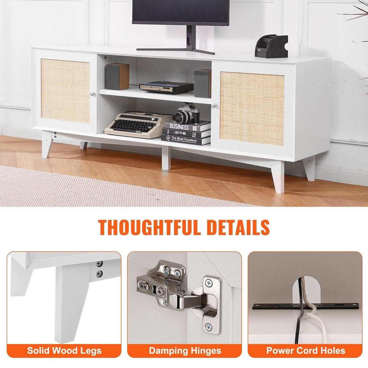 Modern 75in TV Stand Rattan Door 2 Shelves Build-in Socket Storage Cabinet White Entertainment Center for Living Room Media Room
