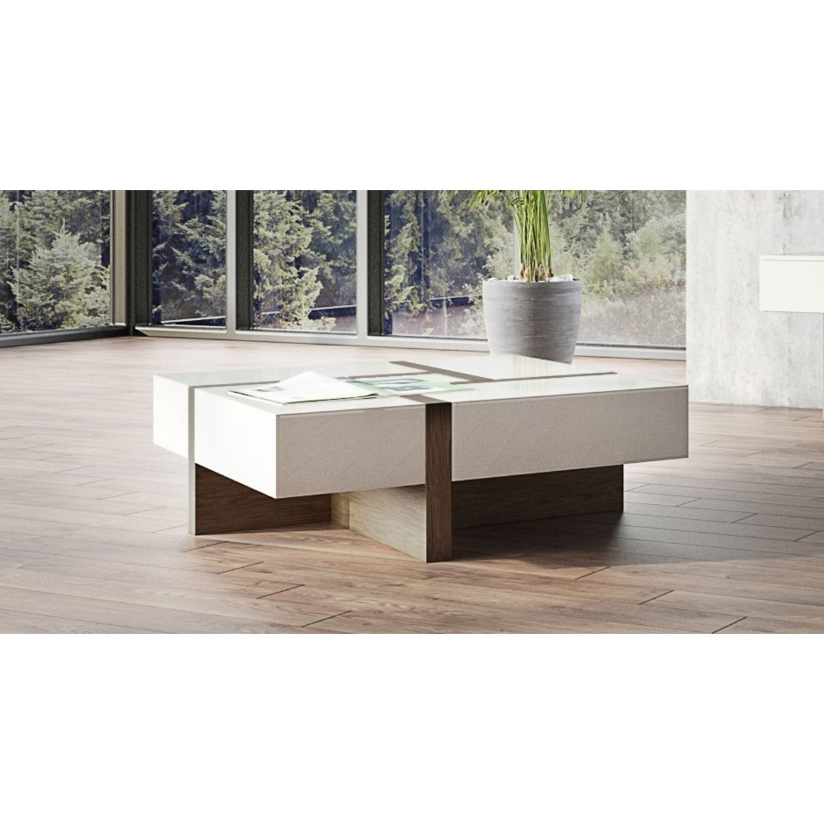HMS 39\" Brown and White Wood Square Solid Coffee Table with Four Drawers