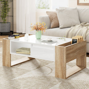 High Glossy Coffee Table with 2 Drawers, Practical Two Tone Center Table with Hidden Compartments, Rectangle Cocktail Table
