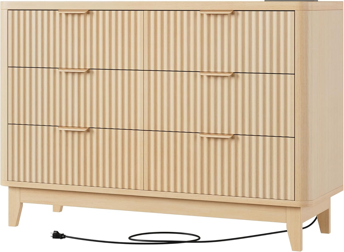Modern Natural Oak Fluted 6-Drawer Dresser Power Outlet Curved Profile Design for Bedroom Clothing Storage TV Stand Closet