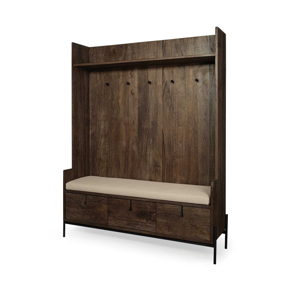 HMS Modern Cream Fabric Wrapped Seat Hall Tree Brown Wood Coat Rack with Storage for Home Living Room or Bedroom Furniture
