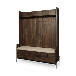 HMS Modern Cream Fabric Wrapped Seat Hall Tree Brown Wood Coat Rack with Storage for Home Living Room or Bedroom Furniture