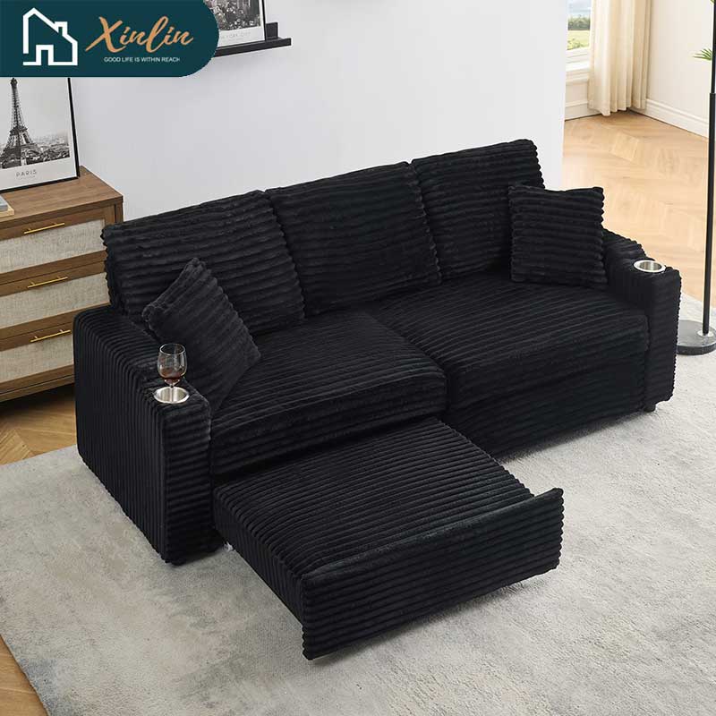 Free Shipping US 80-inch Two-in-one Pull-out, Foldable and Hidden Chaise Longue Corduroy Sofa With Cup Holders and Pillows