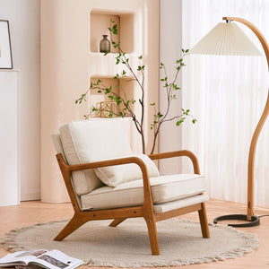 Single Indoor Lounge Chair with Oak Armrests Oak Upholstered Off-White for Living Room