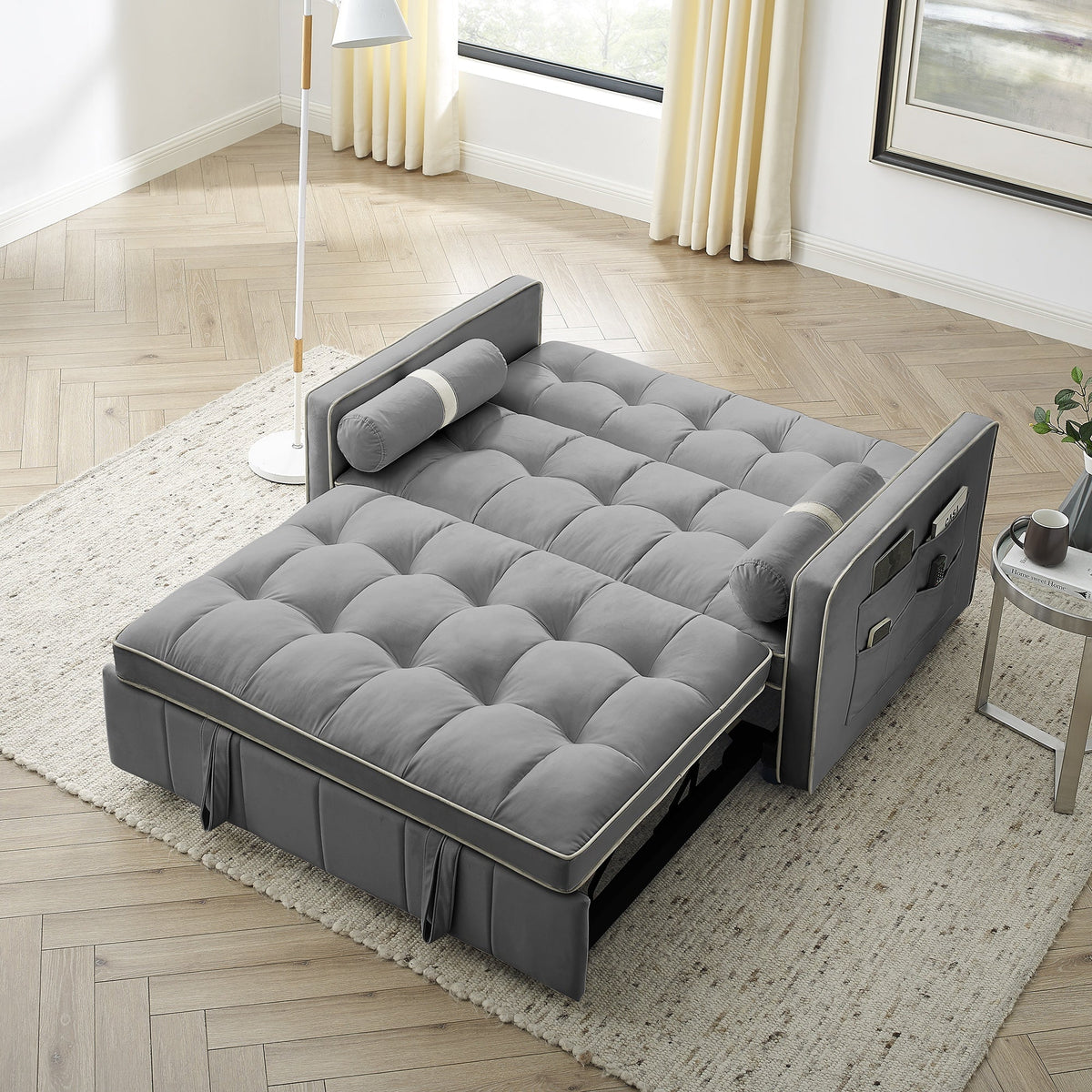Modern Luxury 55.5 Inch Pull-Out Sleep Sofa Bed 2-Seater Loveseat Couch with Side Pockets Velvet Material Extendable Feature