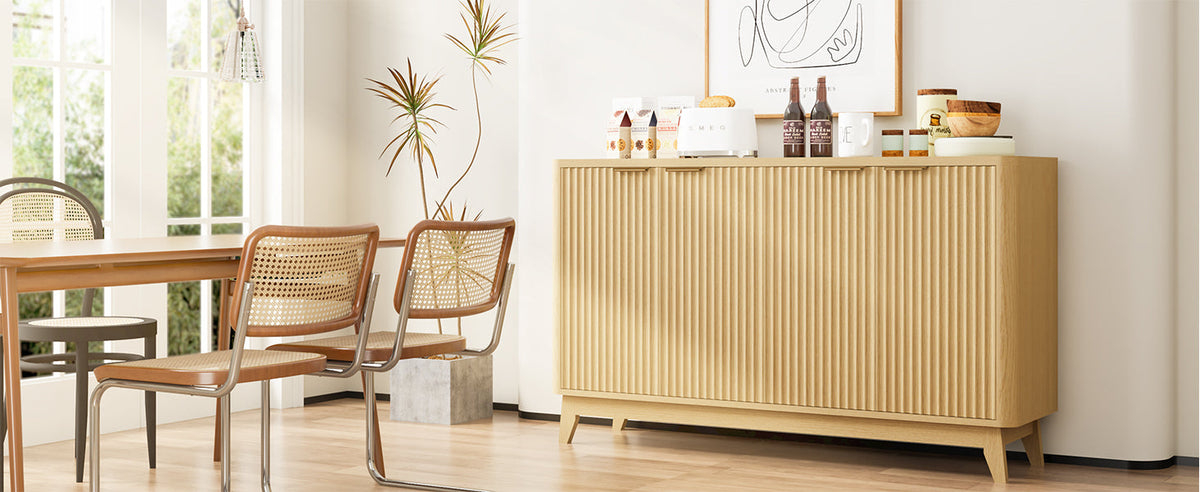 Natural Oak Fluted Sideboard Buffet Cabinet 4-Door Credenza Storage Cabinet Entryway Console Table Accent Coffee Bar