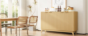 Natural Oak Fluted Sideboard Buffet Cabinet 4-Door Credenza Storage Cabinet Entryway Console Table Accent Coffee Bar