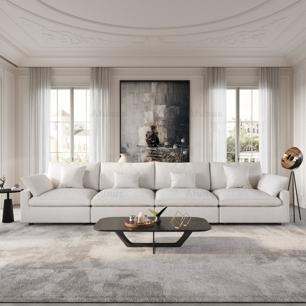 ATUNUS USA in Stock Drop Shipping Chenille Linen Mix Fabric Living Room Nordic Cloud White Modular Sectional Couch Sofa Set