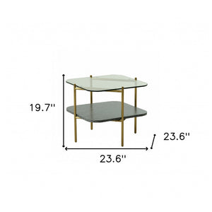 HMS 20\" Gold and Clear Glass Metal Square TV Stand with Shelf Elegant End Table with Storage