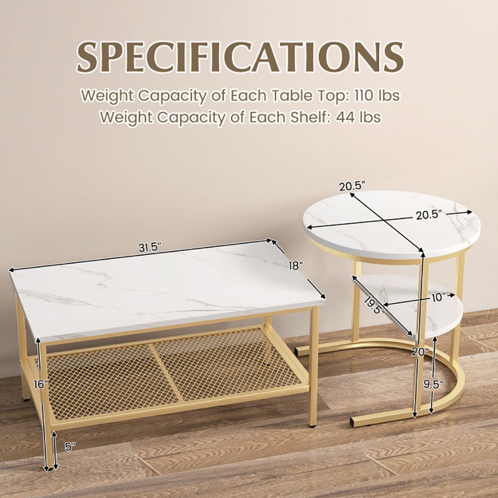 Set of 2 Nesting Coffee Tables with Extra Storage Shelf for Living Room Decor