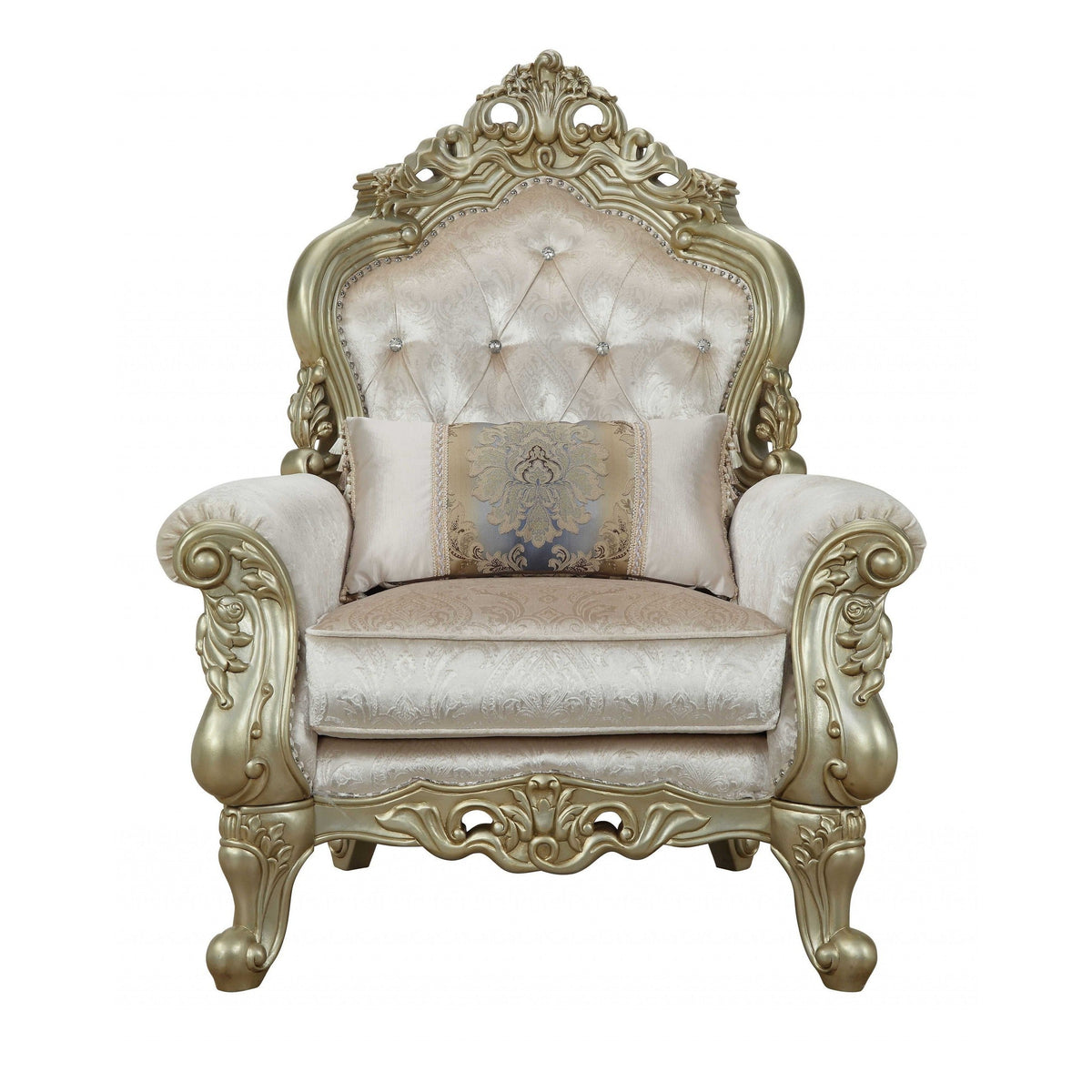HMS 40\" Cream and Antiqued White Fabric Damask Tufted Arm Chair with Toss Pillow Elegant Living Room Furniture