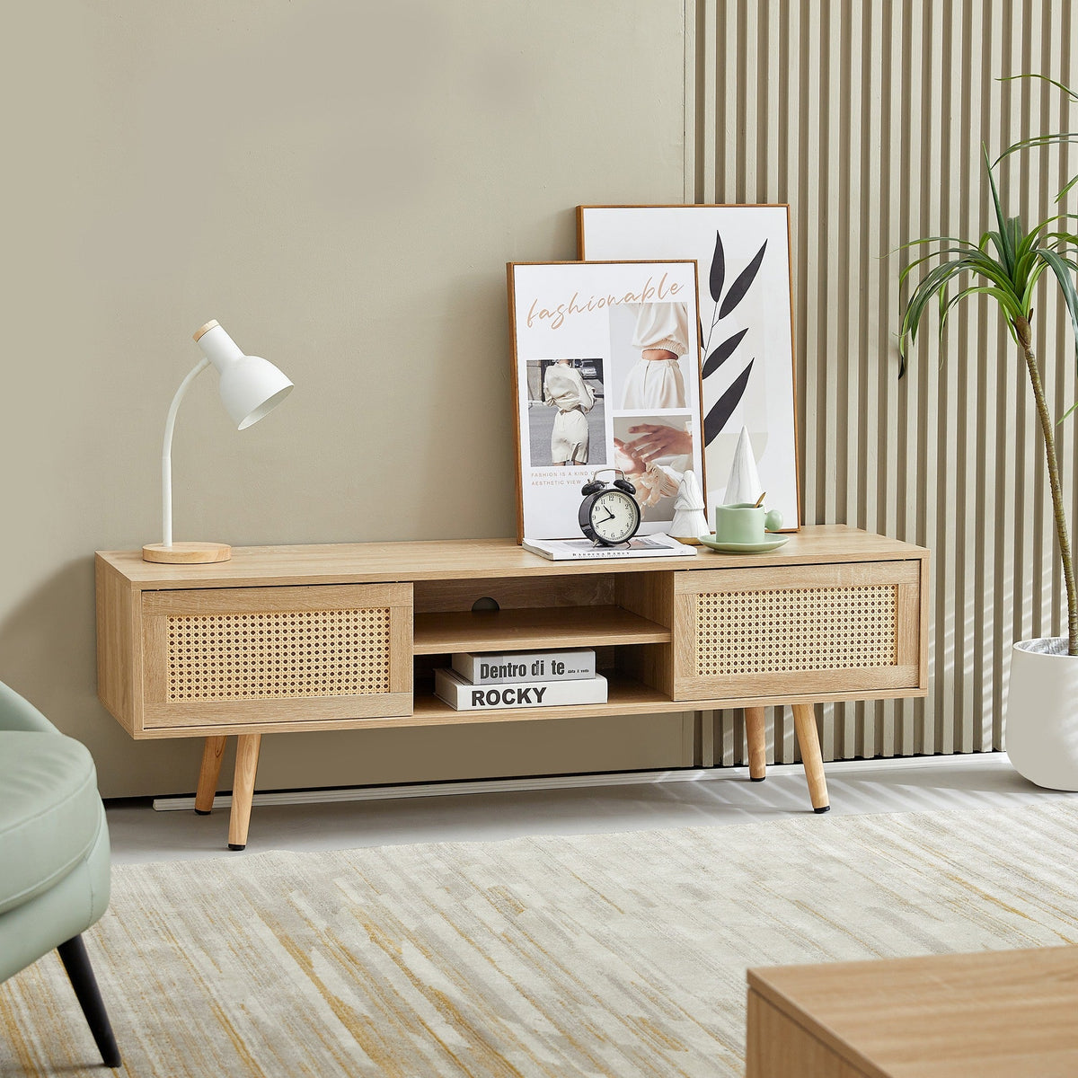 41.34" Rattan Coffee Table Sliding Door for Storage Solid Wood Legs Modern Table for Living Room Natural