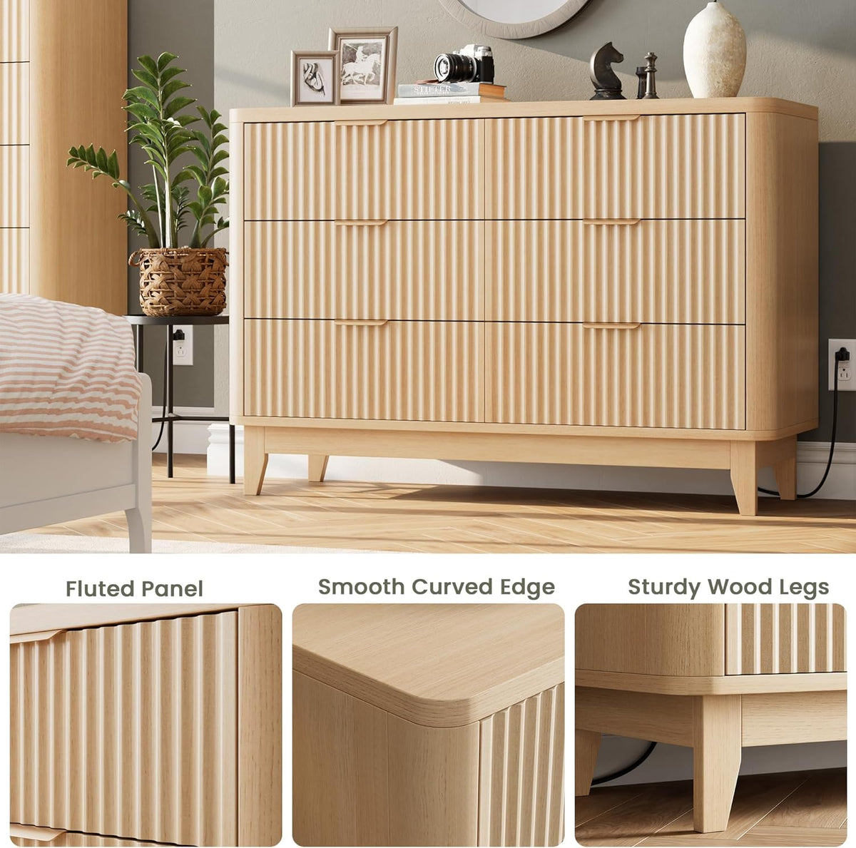 Modern Natural Oak Fluted 6-Drawer Dresser Power Outlet Curved Profile Design for Bedroom Clothing Storage TV Stand Closet