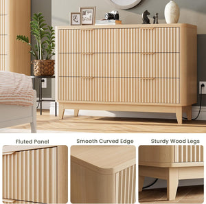Modern Natural Oak Fluted 6-Drawer Dresser Power Outlet Curved Profile Design for Bedroom Clothing Storage TV Stand Closet