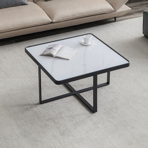 Minimalist Square Coffee Table with Black Metal Frame and Sintered Stone Top Unique Modern Design