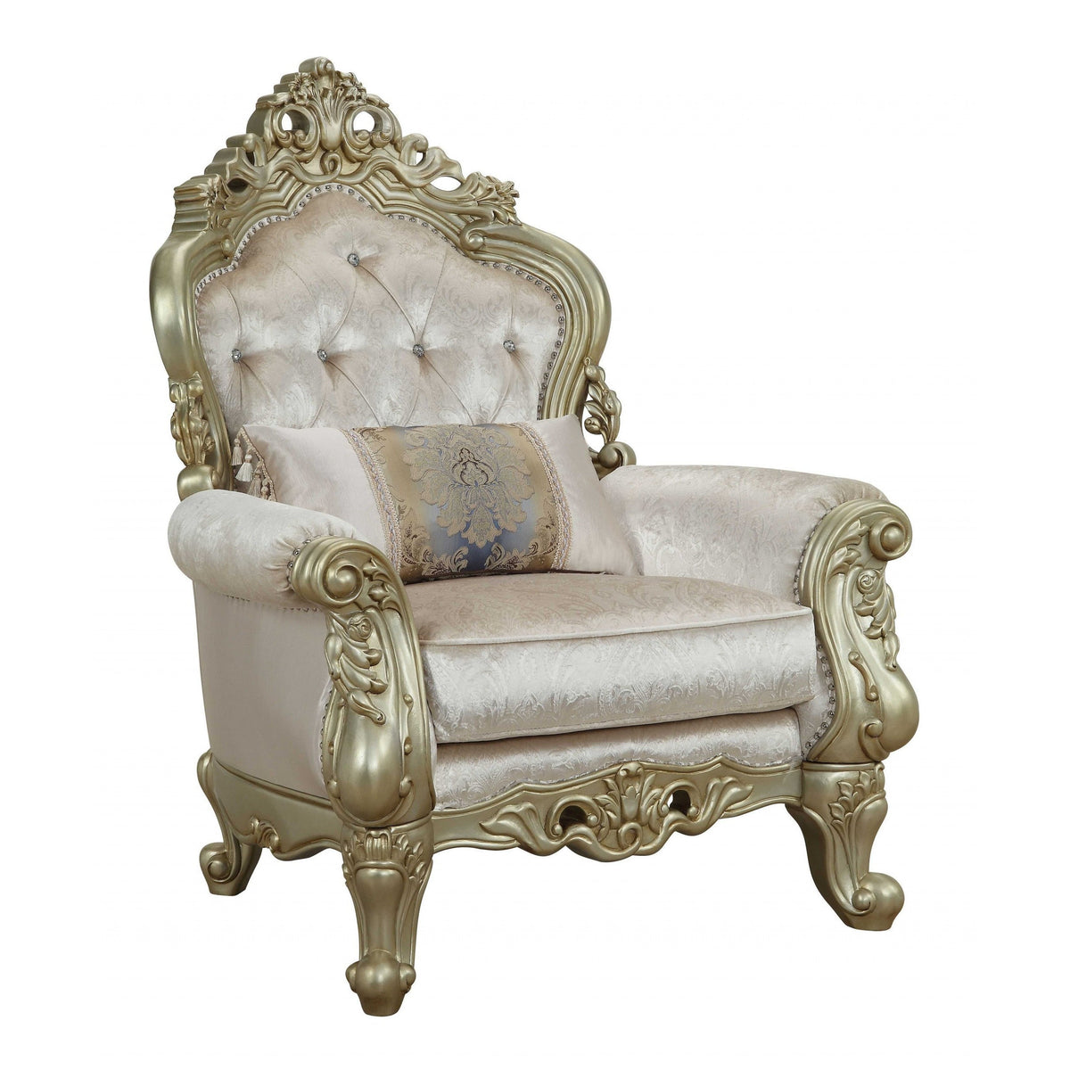HMS 40\" Cream and Antiqued White Fabric Damask Tufted Arm Chair with Toss Pillow Elegant Living Room Furniture