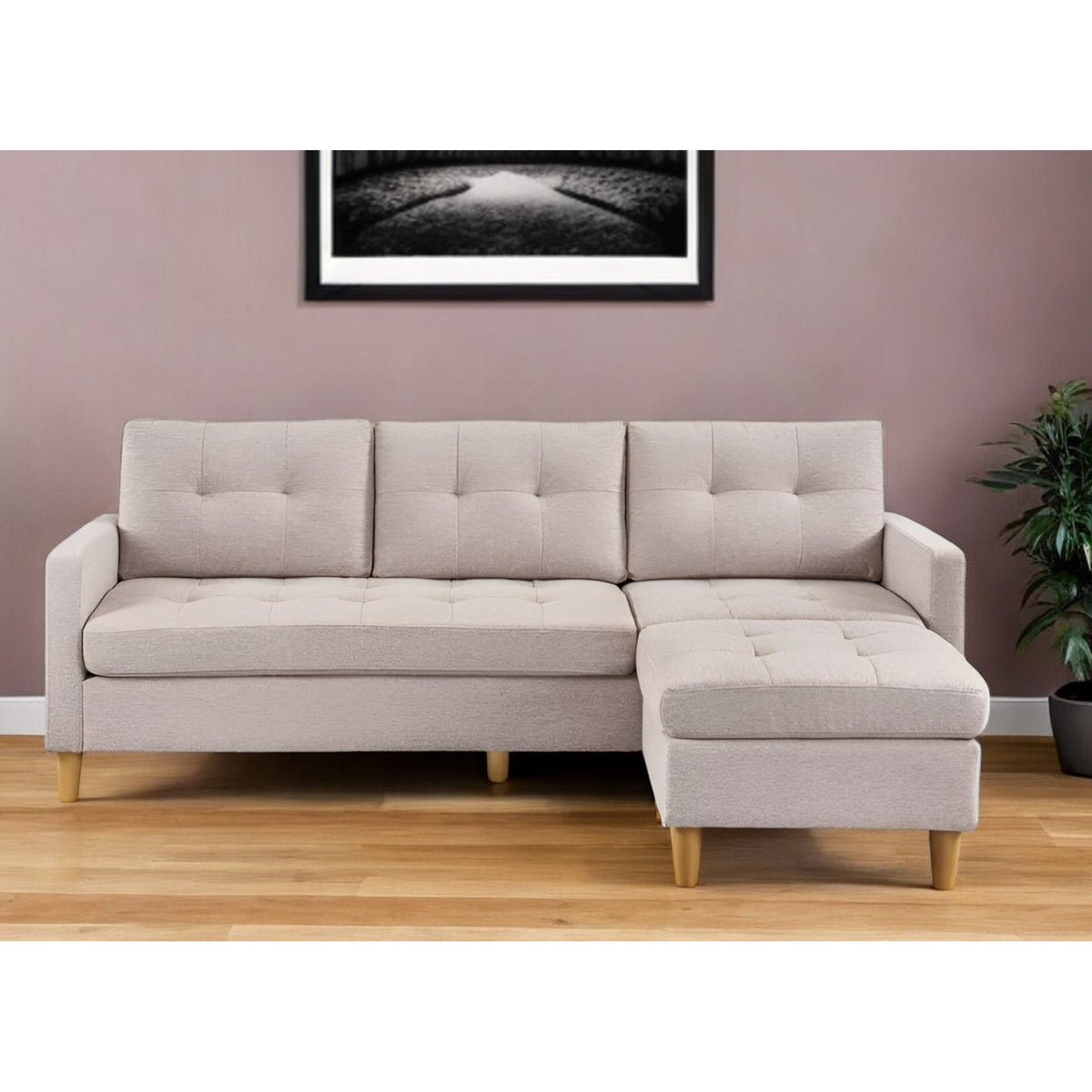 HMS 87 Beige Polyester Blend Chesterfield L-Shape Sofa Set for Home Living Rooms with Ottoman & Natural Legs