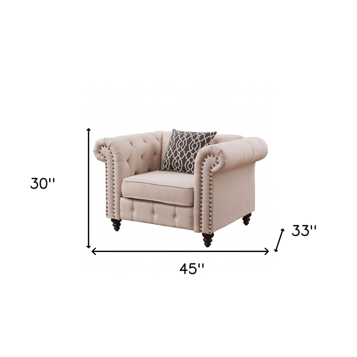 HMS 45 Beige and Black Linen Tufted Chesterfield Chair with Toss Pillow Elegant Living Room Furniture