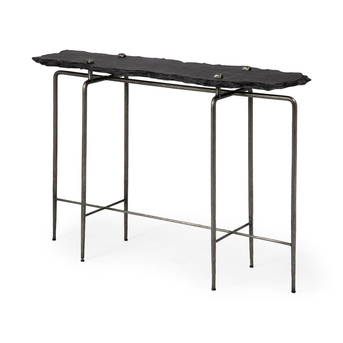 HMS Contemporary Six Leg Console Table 17\" Black and Silver Slate Wood MDF Glass for Living Room or Hotel Bedroom Furniture