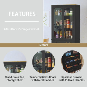 Free Standing Tall Storage Utility Cupboard Kitchen Pantry Cabinet Tempered Glass Doors Adjustable Shelves for Living Room