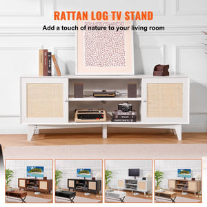Modern 75in TV Stand Rattan Door 2 Shelves Build-in Socket Storage Cabinet White Entertainment Center for Living Room Media Room