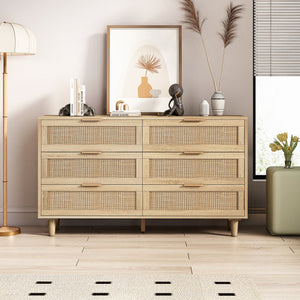 FCJ Extendable Rattan Storage Cabinet with Drawers Natural Indoor Home Furniture for Bedroom & Living Room