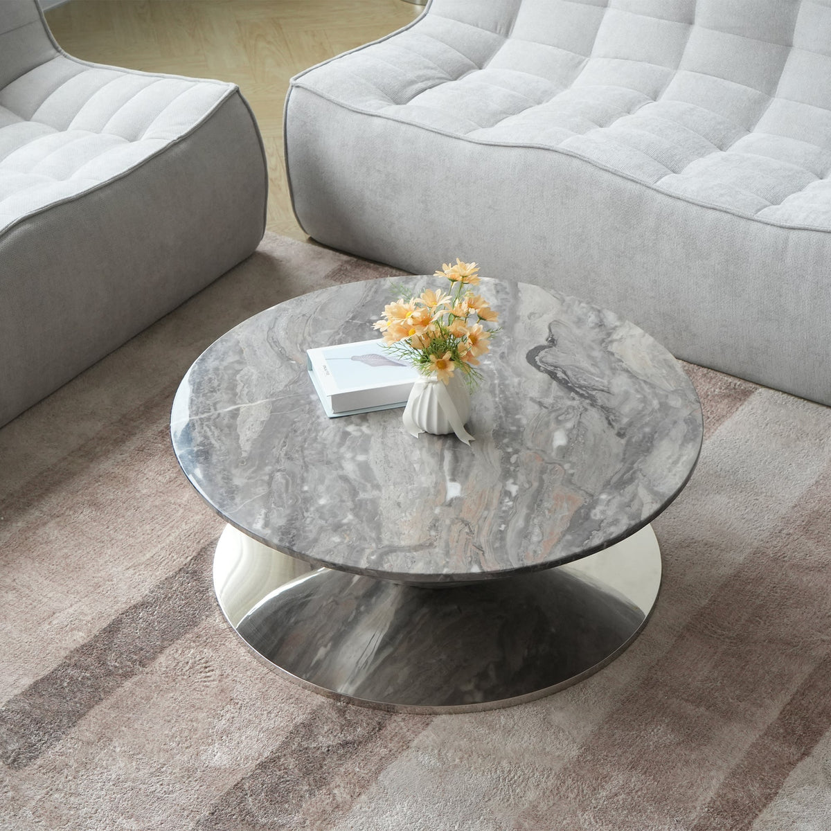 ATUNUS USA in Stock Drop Shipping Metal Base Stainless Steel Modern Marbling Wood Round Top Side Oval Center Tea Coffee Table