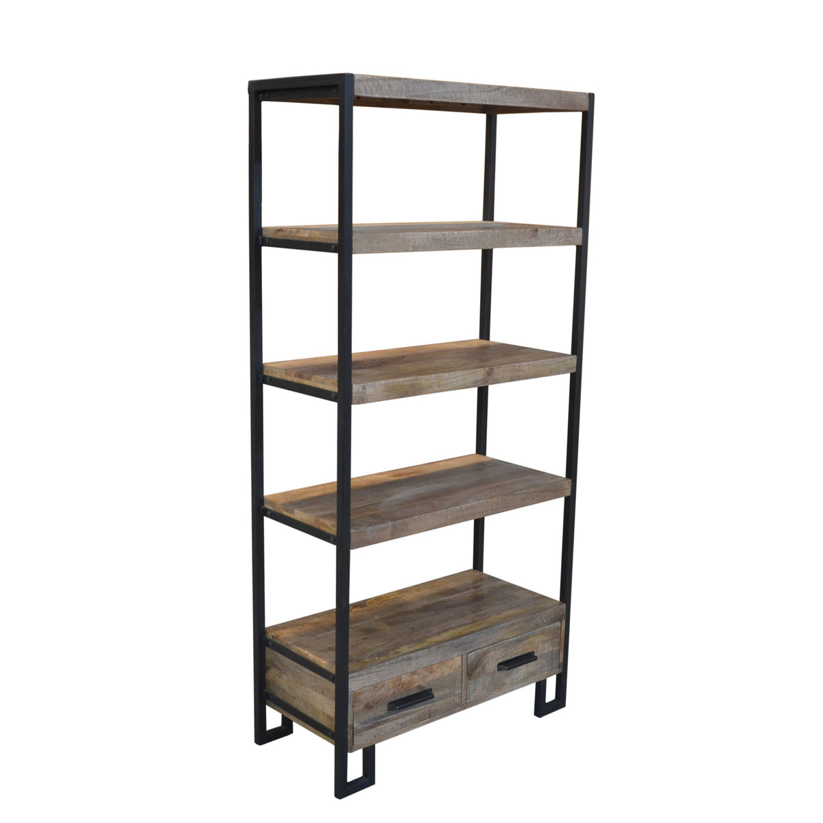 HMS 71 Brown Distressed Solid Wood Four-Tier Etagere Bookcase with Practical Two Drawers