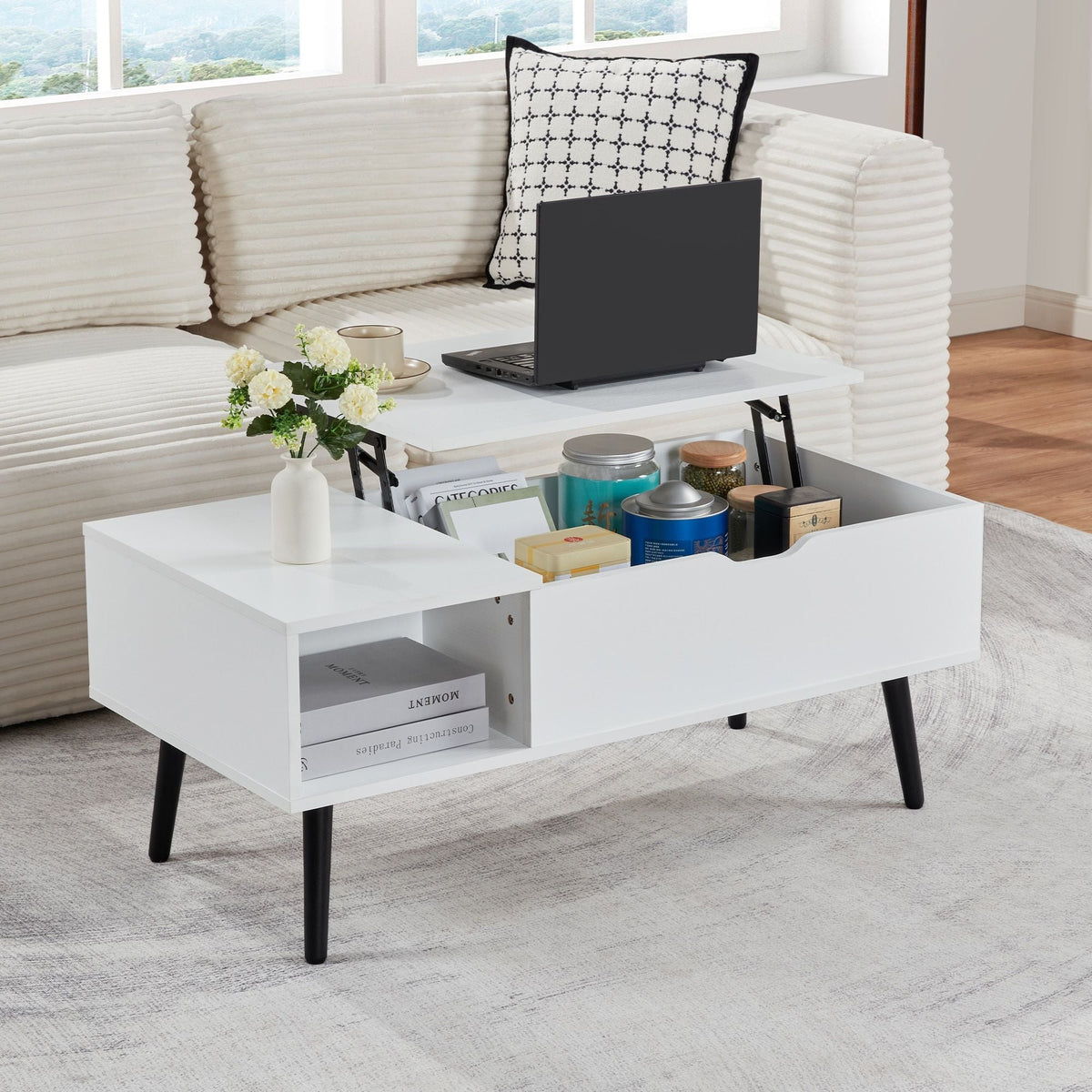 39\" White Lift Top Coffee Table with Hidden Compartment and Storage Shelf for Living Room or Reception Wood Material