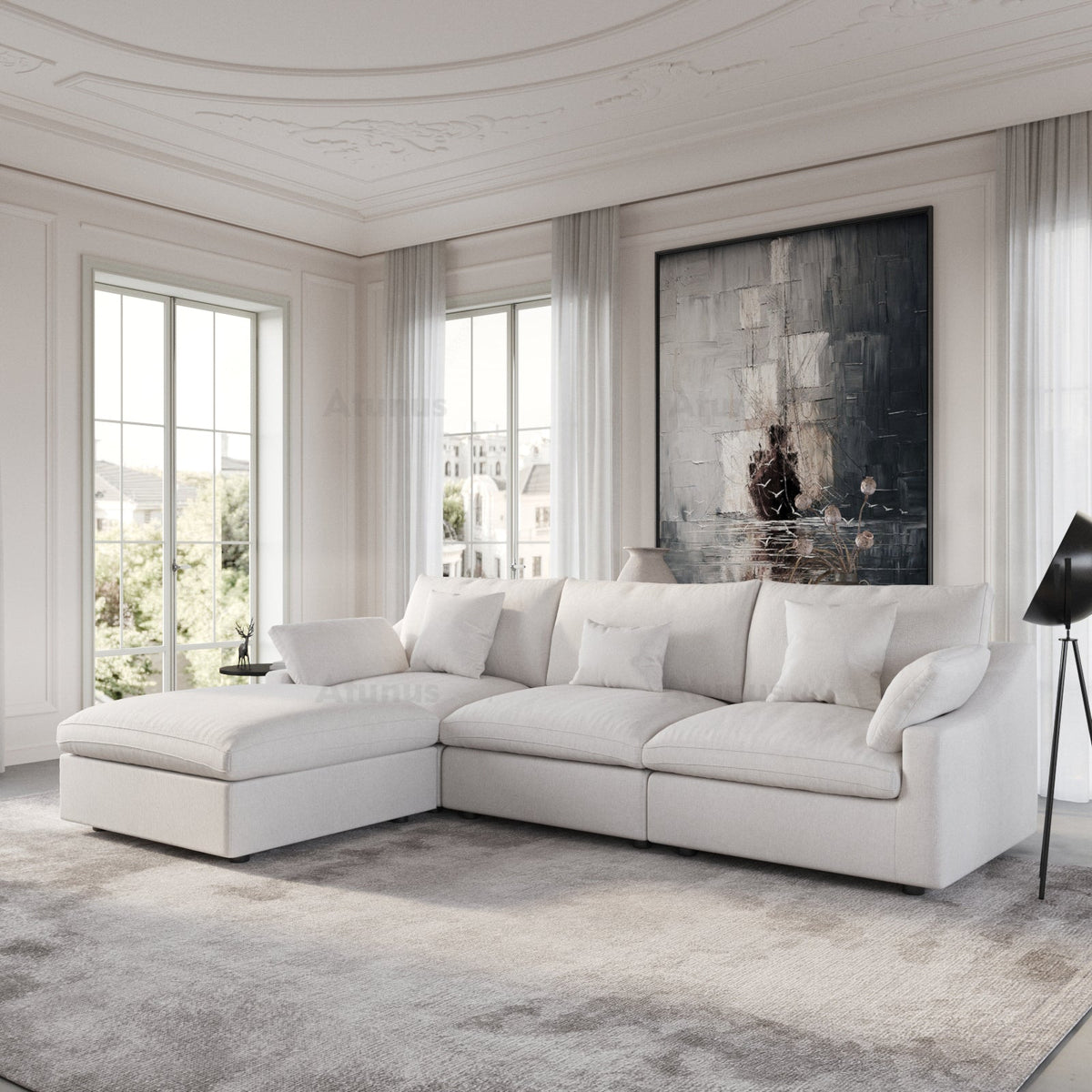 ATUNUS USA in Stock Drop Shipping Chenille Linen Mix Fabric Living Room Nordic Cloud White Modular Sectional Couch Sofa Set