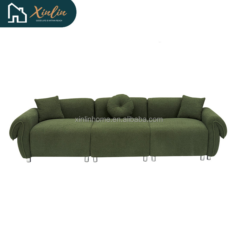 Free Shipping Modern 112-Inch Orange Teddy Velvet Fabric with 3 Wooden Pillows for Three-Seat Sofa in Living Room