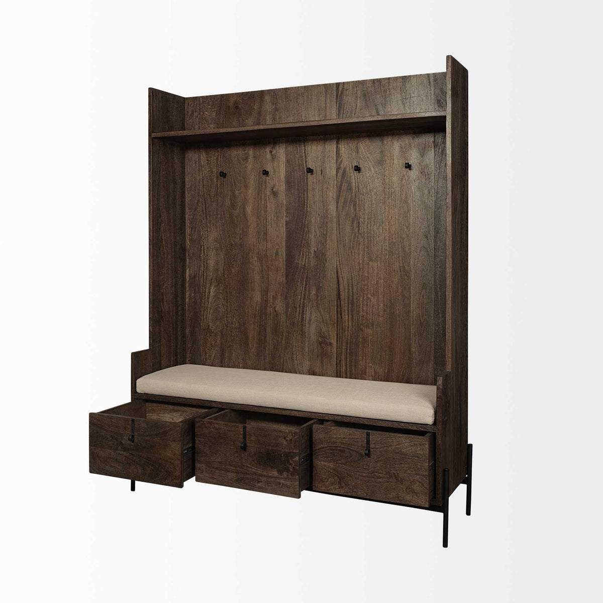 HMS Modern Cream Fabric Wrapped Seat Hall Tree Brown Wood Coat Rack with Storage for Home Living Room or Bedroom Furniture