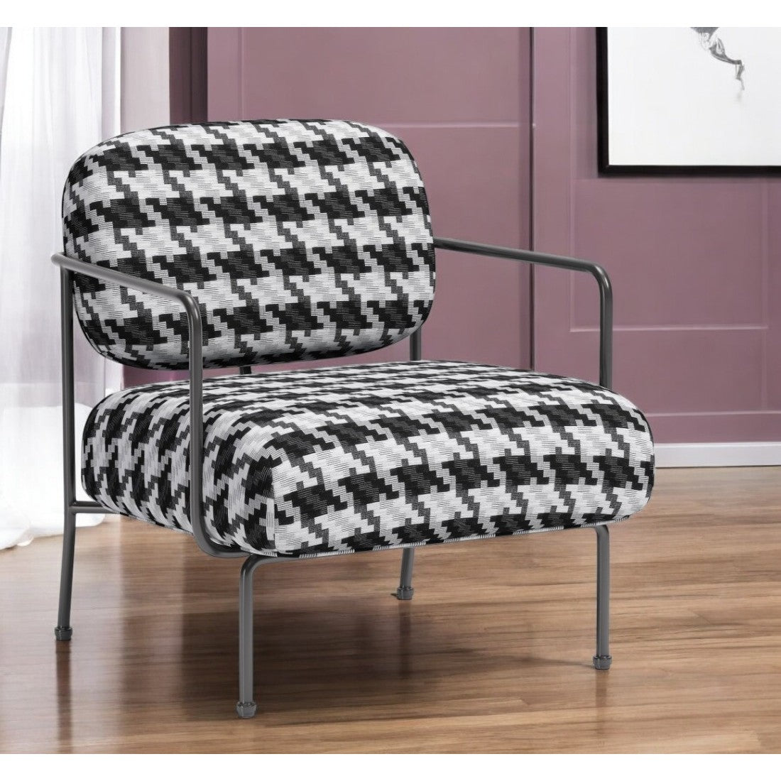 HMS 29 Black and White Upholstered Houndstooth Arm Chair for Living Room