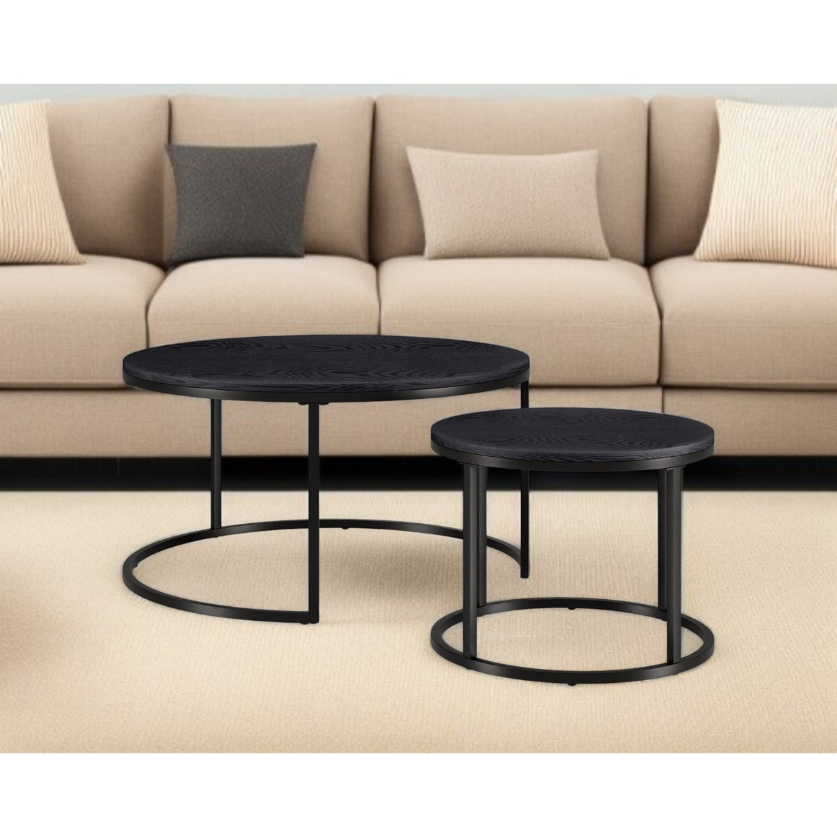Set of Two Black Wood and Steel Round Frame Nested Coffee Tables HMS Design