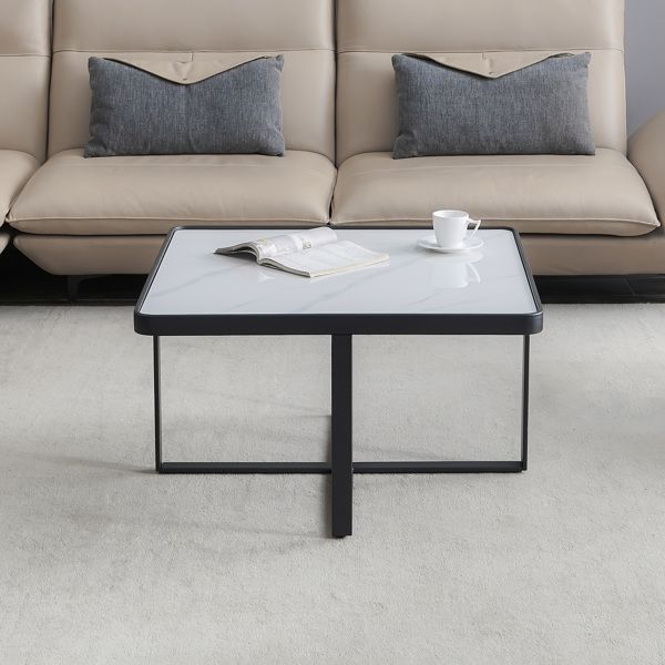 Minimalist Square Coffee Table with Black Metal Frame and Sintered Stone Top Unique Modern Design
