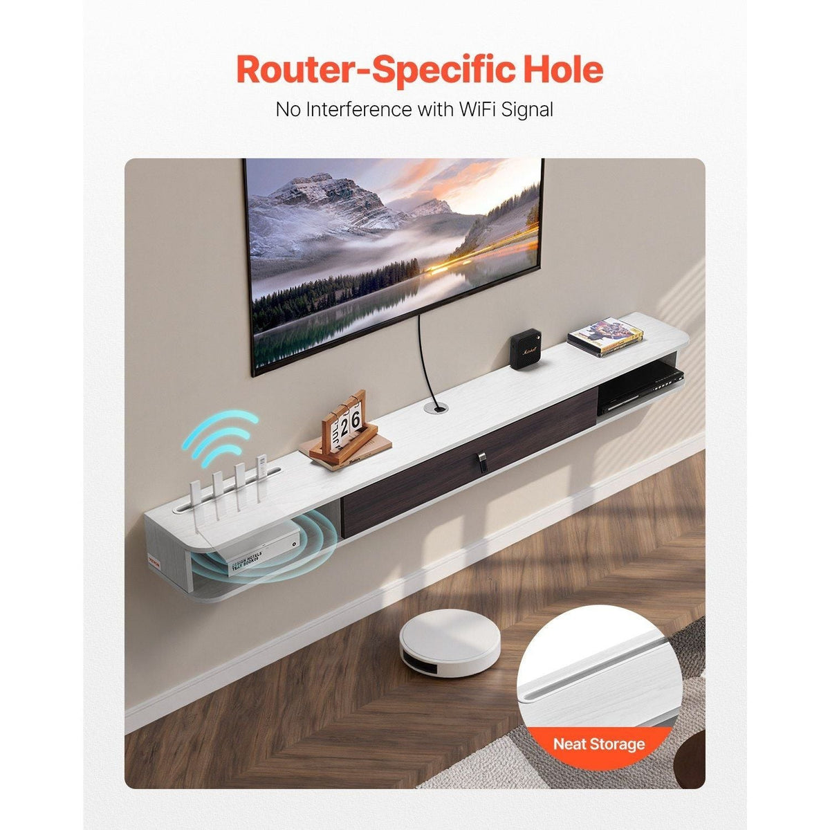 Modern White Floating TV Stand 70 Wall Mount Entertainment Center Cable Hole Particle Board Console DVD Player Cable Box Game