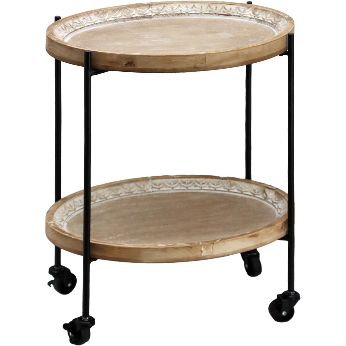 PARISLOFT Farmhouse End Table with Wheels, 2 Tier Side Table with Tray Top, Metal and Wood Rolling Coffee Table for Sofa, Kitche