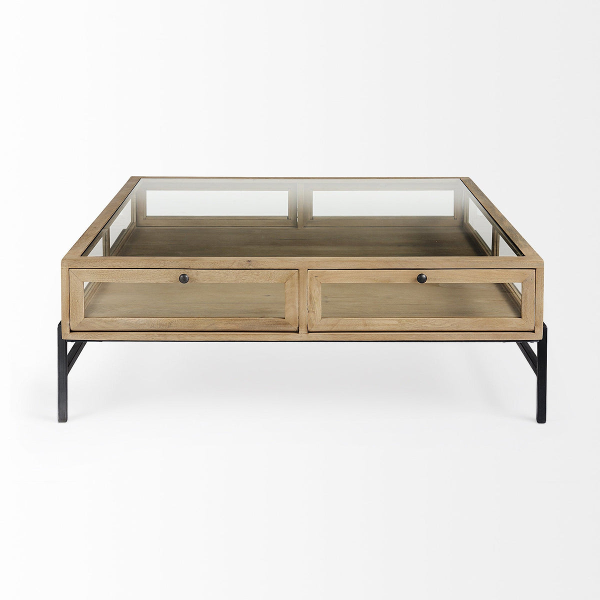 HMS 42\" Clear and Black Glass and Metal Square Coffee Table with Two Drawers and Shelf