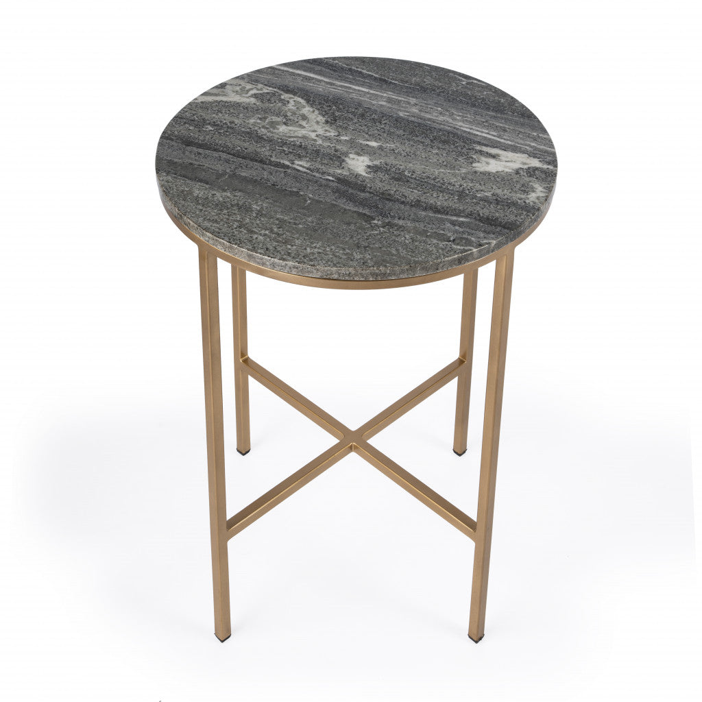 HMS 23\" Traditional Round End Table with Brass & Gray Marble Featuring Mango and Drawer for Living Room or Entry Use