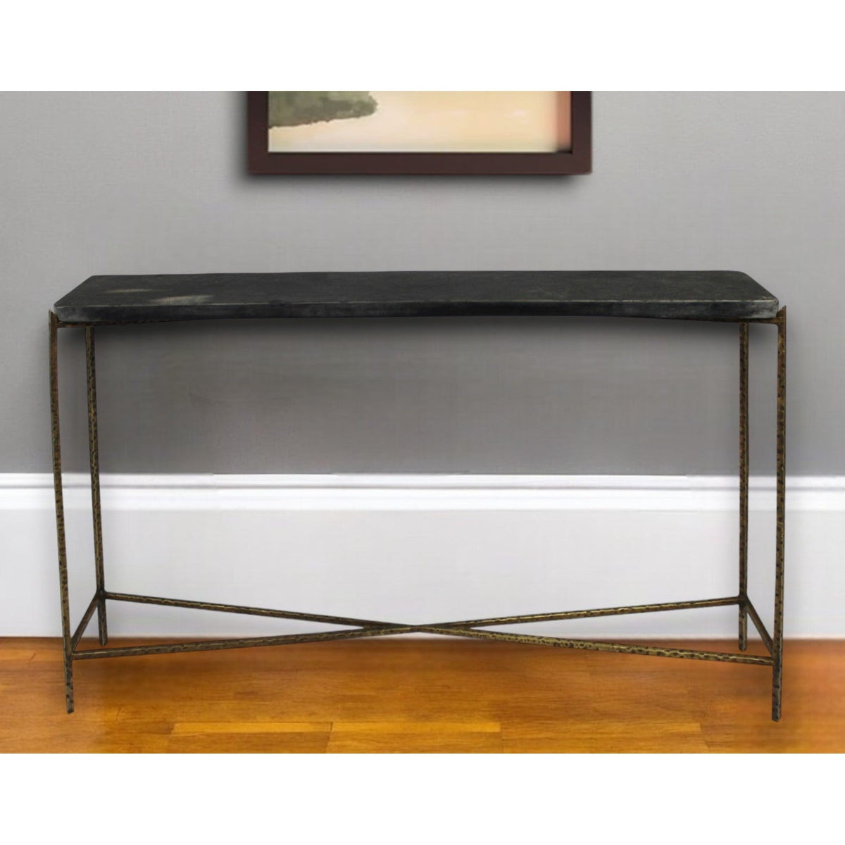 HMS 48\" Rustic End Table Black Gold Stone Frame Console for Living Room Bedroom Hotel Accent Wood Glass for Decorative Use