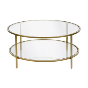 HMS 36\" Round Coffee Table with Gold Glass Top Steel Frame Tempered Sintered Stone Shelf for Living Room Entry Luxury Furniture