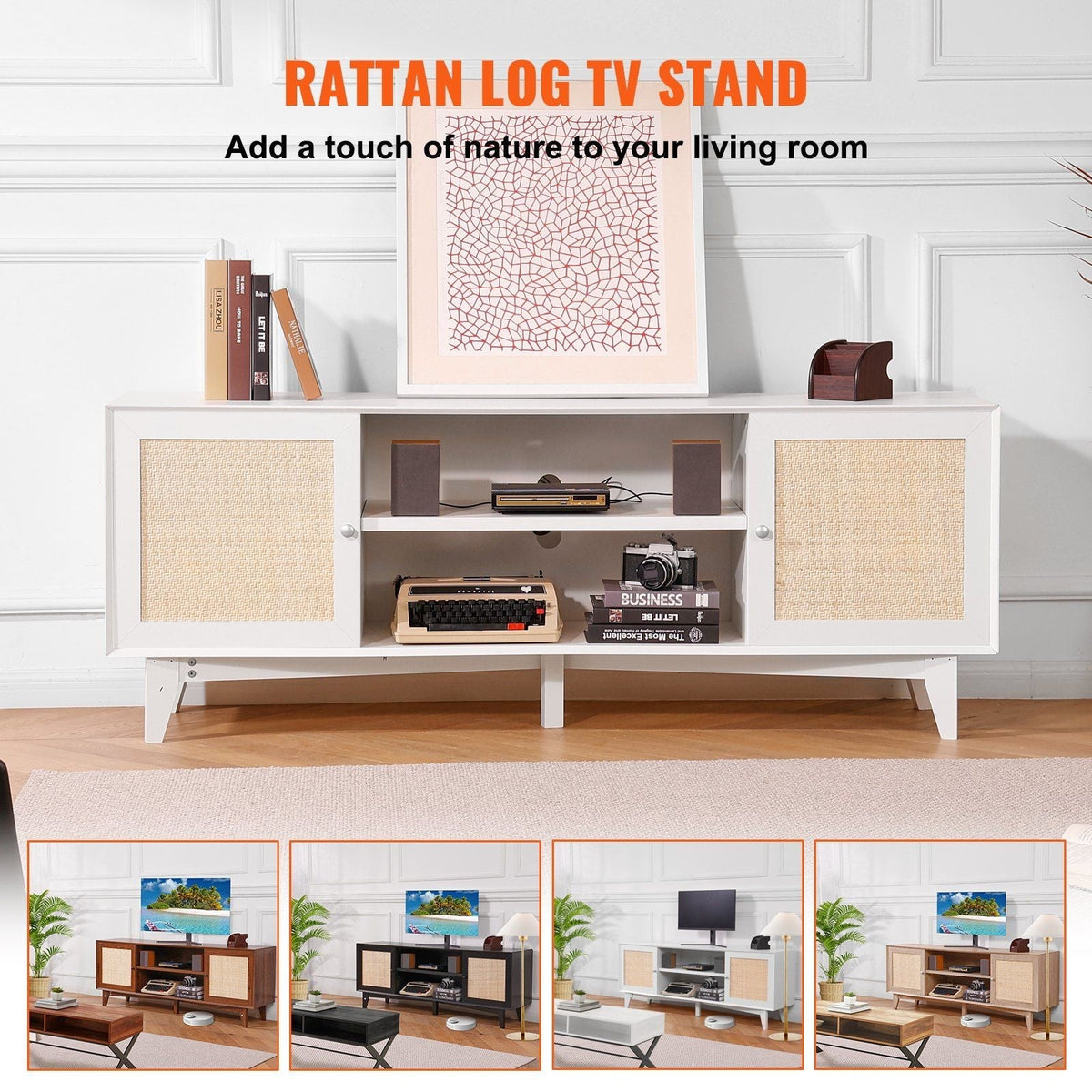 Modern 75in TV Stand Rattan Door 2 Shelves Build-in Socket Storage Cabinet White Entertainment Center for Living Room Media Room