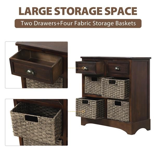 Espresso Rustic Dining/Living Room Storage Cabinet with Two Drawers and Four Classic Rattan Baskets
