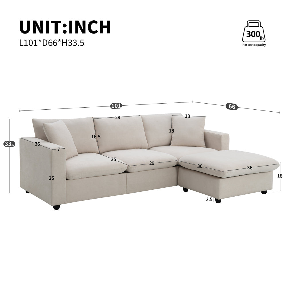 100.4*64.6" Modern Sectional Sofa,L-shaped Couch Set with 2 Free Pillows,4-seat Polyester Fabric Couch Set with Ottoman