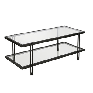 HMS 45 Modern Simple Black Glass and Steel Coffee Table with Shelf Tempered Glass Farmhouse Style for Living Room