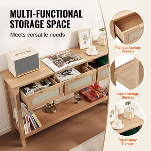 Natural Rattan Console Table with 3 Sliding Storage Drawers