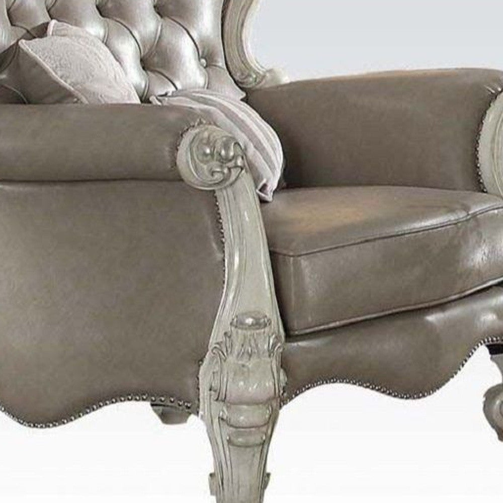 HMS 43\" Gray and Bone Faux Leather Tufted Chesterfield Chair with Toss Pillows Elegant Living Room Furniture