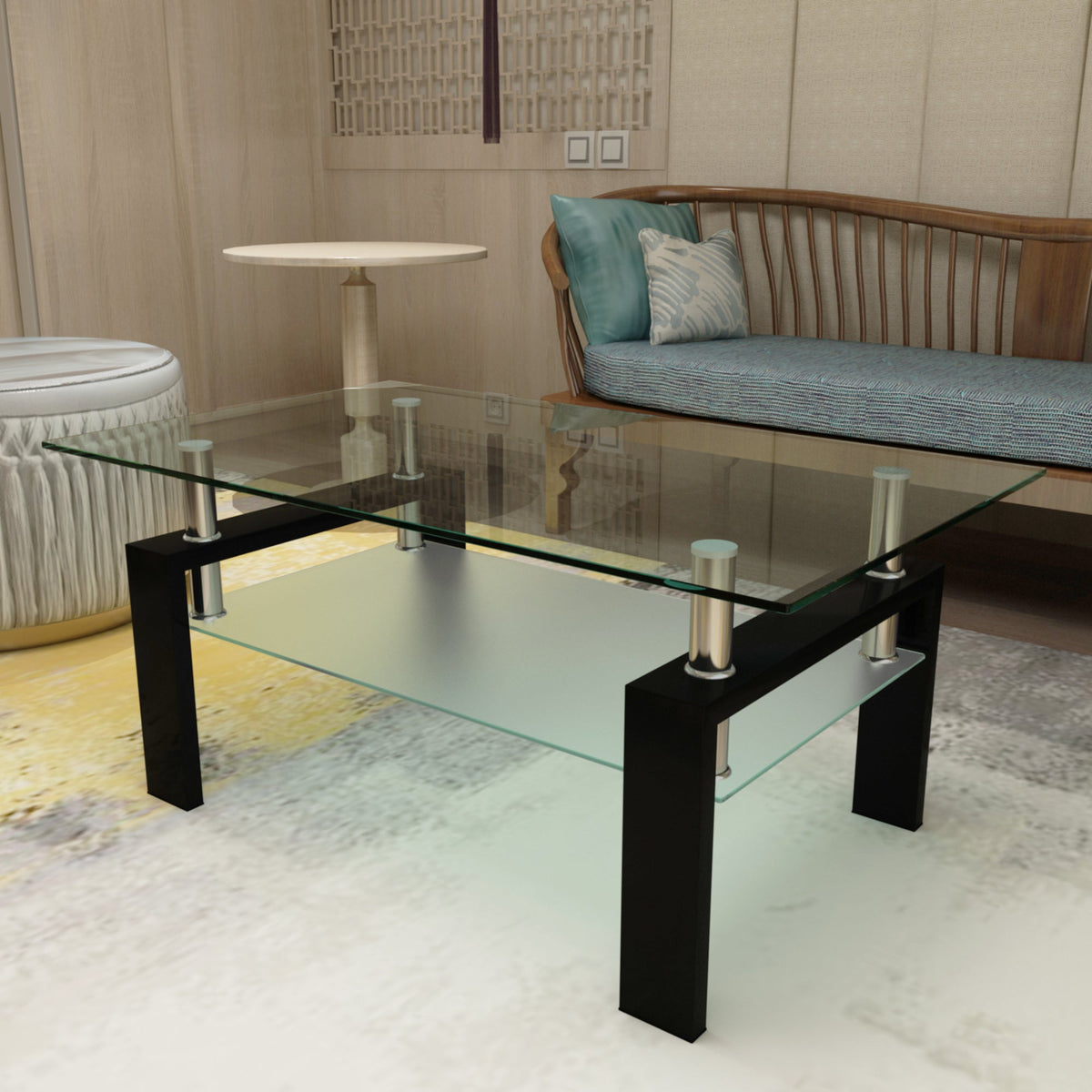 39.3 Inch Modern Glass Top Selling Tea Table with Drawer , 2 Tier Coffee Table Stainless Steel Frame