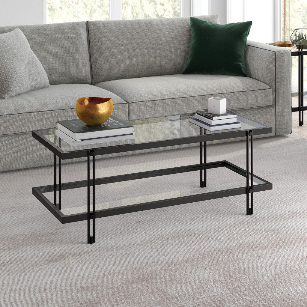 HMS 45 Modern Simple Black Glass and Steel Coffee Table with Shelf Tempered Glass Farmhouse Style for Living Room